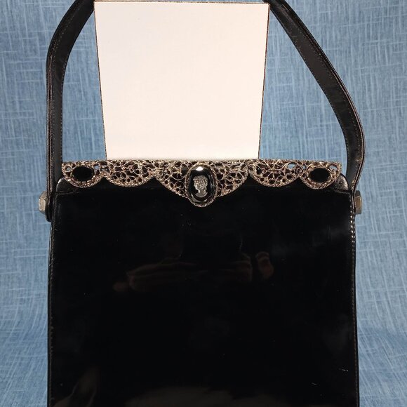 1950s Vintage Black Patent Leather Filigree and Cameo Purse by Triangle New York - Picture 1 of 8